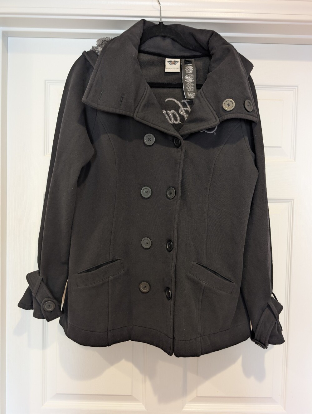 Harley-Davidson Black Pea Coat Womens XL Hooded Sherpa Lined Embroidered